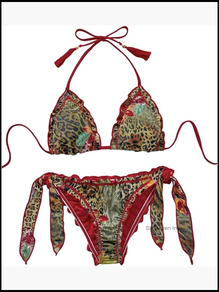 Floral Leopard Print Halter Triangle Bikini Set Tie Side String Bathing Suit